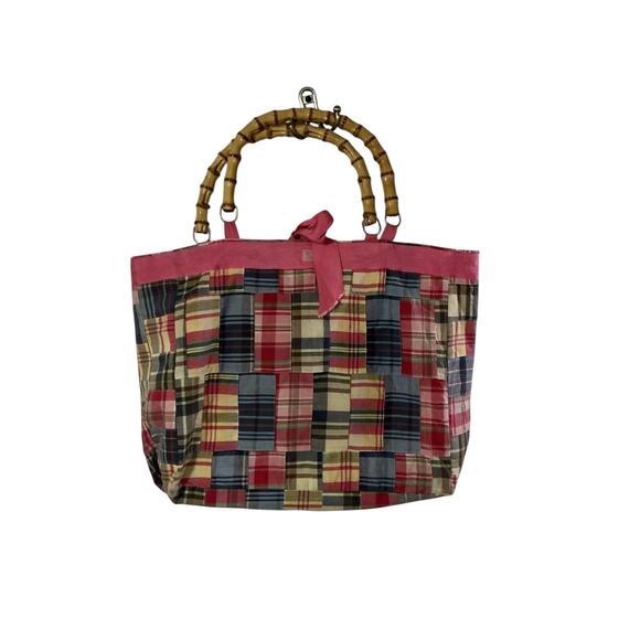 Molly B Patchwork Plaid Tote Bag Bamboo Handles Pink Trim - Picture 5 of 7